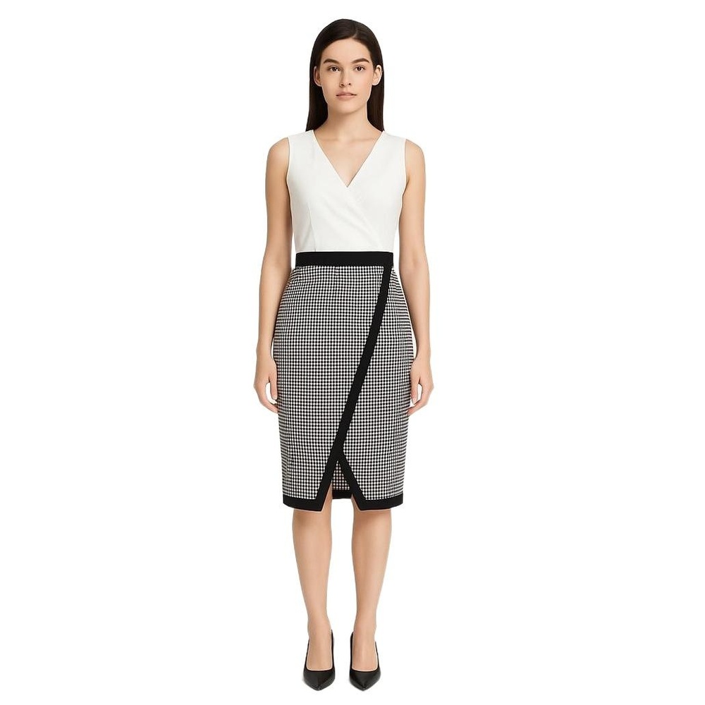 GUMAC White Top Houndstooth Pattern Wrap Dress Small